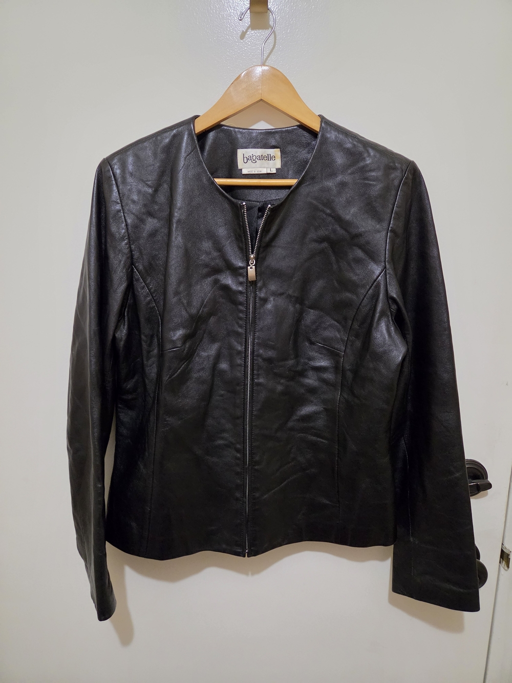 Bagatelle Women's Black Leather Full Zip Collarless Jacket